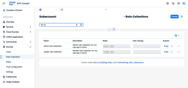 SAP BTP Cockpit security role collections