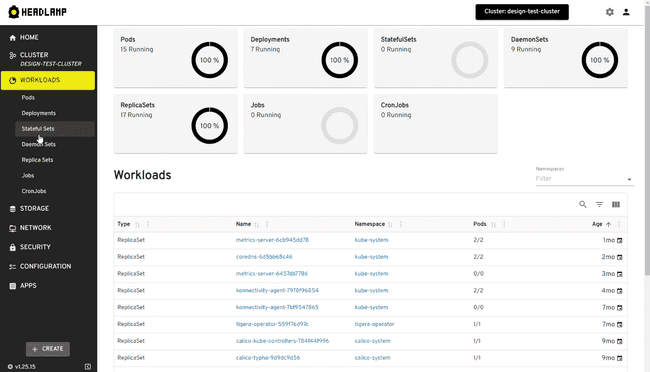 Headlamp web UI showing Kubernetes cluster resources and pods